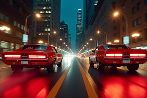 chicago night phtography, helicopters flying, two real cars jumping racing stunt doubles, muscle cars, street racing, insane maneuvers, dangerous reckless maneuvers, masterpiece, cinema super prime lenses, blackmagic camera, realistic photography, film poster, dodge charger vs camaro, seekness driving, aereal camera angle, drifting  burning wheels
