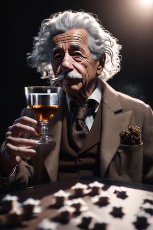 High quality,  masterpiece,  4K,  quality,  Tyndall effect,  RAW  ALBERT EINSTEIN FASHION MODEL, WITH WISKY GLASS IN YOUR HAND, SMOKING WEED, only one light cenital chimera,  SUNNY day advertising shooting,  realistic photograph,  sharp focus,  depth of field,  shoot,  , side shot,  side shot,  ultrahd,  realistic,  vivid colors,  highly detailed,  perfect composition,  8k,  photorealistic,  soft natural volumetric cinematic perfect light,  food focus,  (((black background))), booth, 