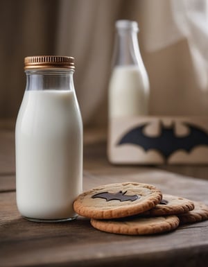 milk bottle batman brand, resting on a wooden table we can see the betas of the wood, two cookies, hd, 8k, masterpiece, one light, soja, cenital camera, nikon d800, raw, hiperrealism, medium format lens, super prime cinema lens, 100mm lens

