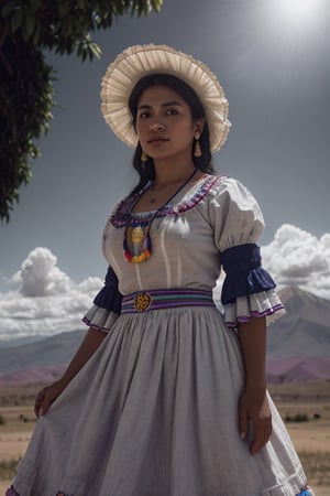 luna violeta, cielo y nubes, 
folkloric dress of bolivia portrait, vintage, desaturated colors ,hd,8k, masterpiece, one light, realistic photography, hasselblad, raw, hiperrealism, medium format sensor camera, super prime cinema lens, 