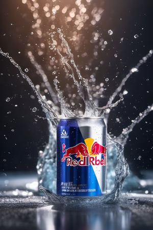 High quality, masterpiece, 4K, quality, Tyndall effect, RAW natural photo of (((perfect))) redbull cans, fresh, water splash, water drops, ice particles, only one light cenital chimera, day advertising shooting, realistic photograph, sharp focus, depth of field, shoot, ,side shot, side shot, ultrahd, realistic, vivid colors, highly detailed, perfect composition, 8k, photorealistic concept art, soft natural volumetric cinematic perfect light,booth, food focus, black background
