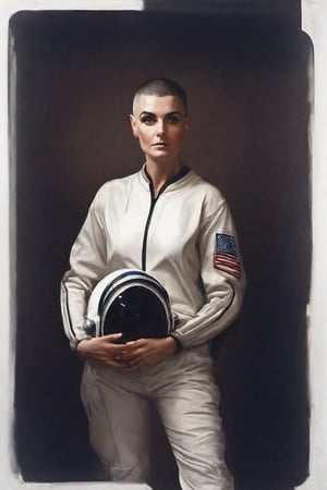 photo of sinead o'connor with astronaut suitcase, rule of thirds, dramatic lighting, medium hair, detailed face, detailed nose, woman naked, soft freckles, smirk, intricate background,realism,realistic,raw,analog,woman,portrait,photorealistic,analog,realism, front light medium power. 8k, mohicano haircut