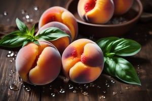 peaches on a brown table, some basil, raw, 4k, masterpiece, realistic photography, freshness, coolness, foodstyling, perfect fruits, fresh water transpiration, all wet with water
