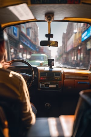 RAW natural photo Of photo shot inside a taxi, the camera is in the back seat looking forward, the turkish taxi driver is looking back, only one light cenital chimera, day advertising shooting, realistic photograph, sharp focus, depth of field, shoot, ,side shot, side shot, ultrahd, realistic, vivid colors, highly detailed, perfect composition, 8k, photorealistic concept art, soft natural volumetric cinematic perfect light,booth,food focus, UP THE CAMERA
