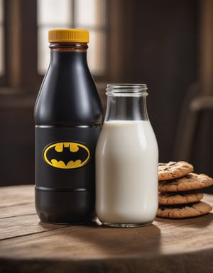 milk ggallon bottle batman brand, resting on a wooden table , betas of the wood, two cookies, hd, 8k, masterpiece, one light, soja, cenital camera, nikon d800, raw, hiperrealism, medium format sensor camera, super prime cinema lens, (((((100mm lens))))), (((filtered light)))

