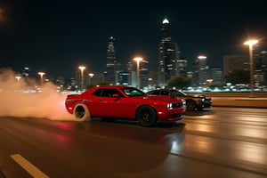 chicago night phtography, two real cars jumping racing stunt doubles, muscle cars, street racing, insane maneuvers, dangerous reckless maneuvers, masterpiece, cinema super prime lenses, blackmagic camera, realistic photography, film poster, dodge charger vs camaro, seekness driving, camera truck arm, aereal shoot, drifting  burning wheels
