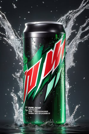 High quality, masterpiece, 4K, quality, Tyndall effect, RAW natural photo of (((perfect))) mountain dew can, fresh, water splash, only one light cenital chimera, day advertising shooting, realistic photograph, sharp focus, depth of field, shoot, ,side shot, side shot, ultrahd, realistic, vivid colors, highly detailed, perfect composition, 8k, photorealistic concept art, soft natural volumetric cinematic perfect light,booth, food focus, black background
