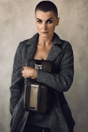 photo of sinead o'connor with astronaut suitcase, rule of thirds, dramatic lighting, medium hair, detailed face, detailed nose, woman naked, soft freckles, smirk, intricate background,realism,realistic,raw,analog,woman,portrait,photorealistic,analog,realism, front light medium power. 8k, mohicano haircut