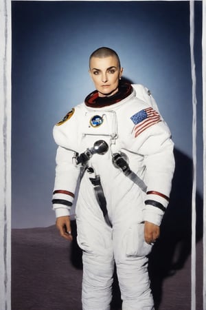 photo of sinead o'connor with astronaut suit, rule of thirds, dramatic lighting, medium hair, detailed face, detailed nose, woman naked, soft freckles, smirk, intricate background,realism,realistic,raw,analog,woman,portrait,photorealistic,analog,realism, front light medium power. 8k, mohicano haircut