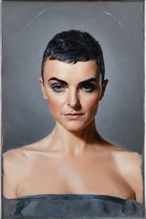 photo of sinead o'connor, rule of thirds, dramatic lighting, medium hair, detailed face, detailed nose, woman naked, soft freckles, smirk, intricate background,realism,realistic,raw,analog,woman,portrait,photorealistic,analog,realism, front light medium power. 8k, mohicano haircut