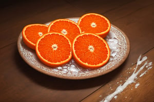 some oranges on a brown table, raw, 4k, masterpiece, realistic photography, freshness, coolness, foodstyling, perfect fruits, fresh water transpiration, all wet with water, splash
 of orange juice