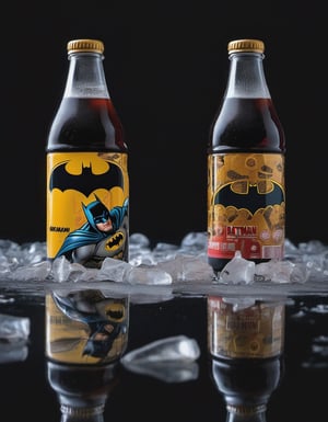 cola drink bottles batman brand on the ice , hd, 8k, masterpiece, one light, soja, cenital camera, nikon d800, raw, hiperrealism, medium format sensor camera, super prime cinema lens, (((((100mm lens))))), (((filtered light))) black background, marvel_comics, mirror floor


