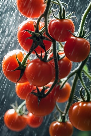 RAW natural photo Of TOMATOES RAIN,
, only one light cenital chimera, day advertising shooting, realistic photograph, sharp focus, depth of field, shoot, ,side shot, side shot, ultrahd, realistic, vivid colors, highly detailed, perfect composition, 8k, photorealistic concept art, soft natural volumetric cinematic perfect light,booth,food focus, UP THE CAMERA
