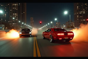 chicago night phtography, two real cars jumping racing stunt doubles, muscle cars, street racing, insane maneuvers, dangerous reckless maneuvers, masterpiece, cinema super prime lenses, blackmagic camera, realistic photography, film poster, dodge charger vs camaro, seekness driving, camera truck arm, aereal shoot, drifting  burning wheels
