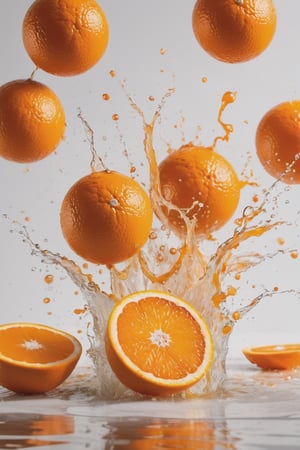 EXPLOTION OF SOME oranges brown table, raw, 4k, masterpiece, realistic photography, freshness, coolness, foodstyling, perfect fruits, all wet with juice, (((splash of orange juice, color orange))) , white background