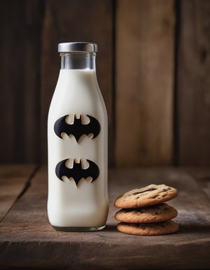 milk bottle batman brand, resting on a wooden table we can see the betas of the wood, two cookies, hd, 8k, masterpiece, one light, soja, cenital camera, nikon d800, raw, hiperrealism, medium format lens, super prime cinema lens

