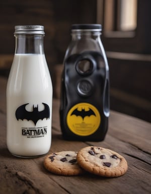 milk bottle batman brand, resting on a wooden table we can see the betas of the wood, two cookies, hd, 8k, masterpiece, one light, soja, cenital camera, nikon d800, raw, hiperrealism, medium format lens, super prime cinema lens, 100mm lens

