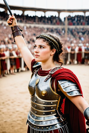 Young Roman woman  in  armor.  in arena.  crowds in background cheering.  