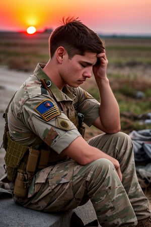  an emotionally charged image of a soldier holding his head in despair:

Subject: A weary and emotionally distraught soldier
Medium: Photo
Environment: A war-torn battlefield, with debris and destruction in the background
Lighting: Harsh, with the setting sun casting long shadows
Color: Muted and desaturated, with a focus on earthy tones and subdued colors
Mood: Heart-wrenching, conveying the toll of war on the soldier's spirit
Composition: A close-up portrait of the soldier, head in hands, amidst the chaos of battle

Camera Setup:

    Camera: Canon EOS 5D Mark IV
    Lens: Canon EF 24-70mm f/2.8L II USM
    Aperture: f/4.0 to maintain a balance between subject and background
    Shutter Speed: 1/500 to capture the moment while minimizing motion blur
    ISO: 400 for balanced exposure in the fading daylight
    Tripod: Not needed for this handheld portrait, as we want to capture the soldier's raw emotion

Additional Details:

    The soldier should wear battle-worn attire, with visible signs of hardship and fatigue.
    His expression should convey deep sorrow and despair, with a sense of vulnerability.
    Utilize the battlefield's wreckage and debris to enhance the narrative of the image.
    Consider including a distant war-torn landscape to further emphasize the soldier's isolation.