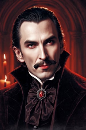  close-up portrait of  Count Dracula, capturing his charismatic and otherworldly presence. :  glowing red eyes or the hint of fangs. Moustache and a Satan like beard..  A dimly lit, Gothic castle interior with opulent details and eerie ambiance
Lighting: Soft, candlelit ambiance with subtle hints of moonlight through windows
Color: Rich, dark colors with a focus on deep reds, blacks, and velvety textures