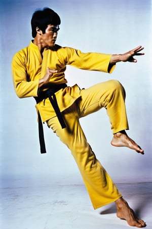 A captivating shot of Bruce Lee in action, showcasing his martial arts prowess and charisma. In his iconic yellow tracksuit. Bruce Lee should be portrayed in a dynamic martial arts pose or action, showcasing his legendary martial arts skills and power. apture the intensity and power of Bruce Lee's martial arts expertise, with a focus on showcasing his agility, precision, and mastery of martial arts techniques.
Enhance the image with bold and contrasting color tones that accentuate the dynamic and powerful nature of martial arts. A traditional martial arts dojo or a stage, capturing the essence of Bruce Lee's martial arts mastery
Lighting: Dramatic and dynamic lighting that highlights Bruce Lee's agility and power
Color: Bold and contrasting tones that accentuate the intensity of martial arts