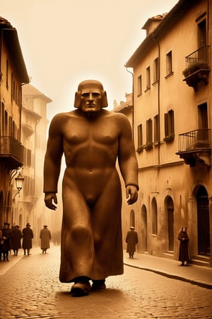 A captivating shot of the Golem, brought to life amidst the mystical atmosphere of the Jewish ghetto. A mystical and ancient Jewish ghetto, capturing the essence of the legendary creature's creation Vintage sepia tones that evoke the ambiance of early cinema