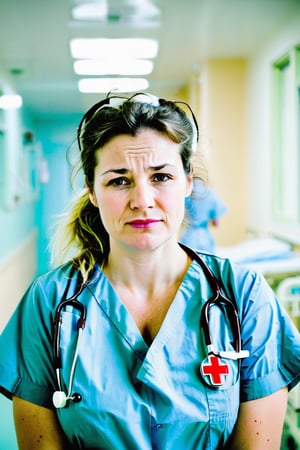 A nurse in uniform looking tired and dishevelled.  2am in the morning.  Faint  forced smile.  Rumpled uniform.   Hospital  ward background