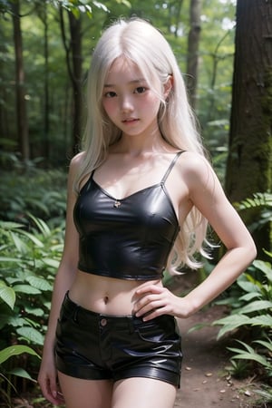 (((deep in the woods))),(looking at the audience),
人：(((a korean little girl:1.3))),(((little girl of elementary school age))),((low-cut)),(beautiful white-haired girl),((A white-haired beauty with beautiful body proportions)),
優：Make the texture more realistic and realistic natural light and shadow structure,The realistic structure of film photos,Incomparable peerless beauty,(((16K texture structure))),(((Professional photography))),(beautiful body figure),
髮：(bangs),((long hair)),curls,(((white hair))),
服：(((Spaghetti strap sleeveless sheer shirt made of tulle))),(((leather shorts))),((boots)),