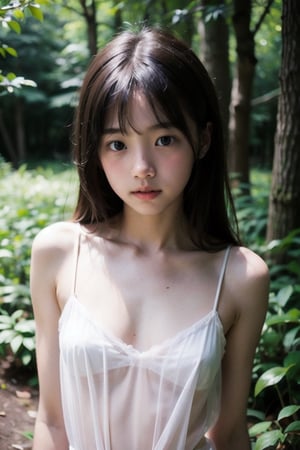 (((deep in the woods))),(looking at the audience), (Focus on the face),
人：(((((1 little girl))))),(((little girl's body))),
優：High resolution, realistic and delicate high texture,Warm and delicate skin texture,
體：(Small, tender and beautiful top small breasts),
髮：Long hair, bangs,
服：(((Spaghetti strap sleeveless sheer shirt made of tulle))),