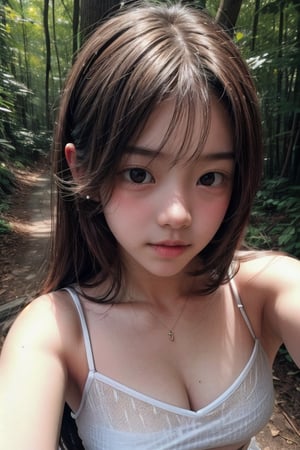 (((deep in the woods))),(looking at the audience), (((Only the face enters the camera))), (Focus on the face),
人：(((1 girl))),(((real girl photo))), (girl's small breasts(1.2)),
優：(((16K texture structure))), the light and shadow structure that makes the texture more realistic and natural, (film style structure),
髮：Long hair, bangs,
服：(((Spaghetti strap sleeveless sheer shirt))),Detail,Update