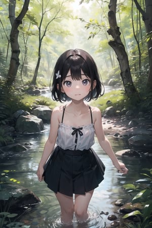 (((By the creek deep in the woods))),(looking at the audience),(((Only the face enters the camera))),
人：a korean little daughter,(((Pure and restrained little daughter))),
服：(sleeveless spaghetti straps),