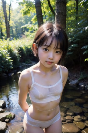 (((By the creek deep in the woods))),(looking at the audience),
(((Only the face enters the camera))),
人：(((a korean little girl:1.5))),(((Pure and restrained little girl))),
優：High resolution, realistic and delicate high texture,Warm and delicate skin texture,
體：(((little girl of elementary school age))),(The shapely and perfect little girl's body),(Small, tender and beautiful top small breasts),(the shape of a little girl’s crotch),
髮：(bangs),(((Super short extreme short hair:1.4))),
服：(((Tulle spaghetti strap sleeveless sheer tank top))),(((Transparent underwear that tightens flesh))),