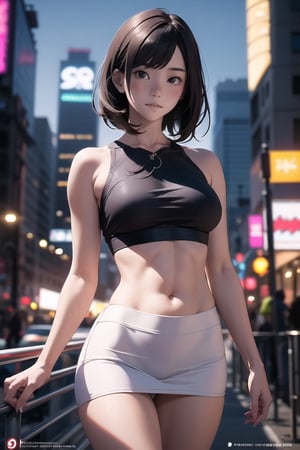 ((Realistic lighting, Best quality, 8K, Masterpiece: 1.3)), Light focus: 1.2, 1girl, Perfect figure: 1.4, Slim Abs: 1.1, ((Dark brown hair)), (White crop top: 1.4), (Outdoor, Night: 1.1), City streets, Super thin face, Thin eyes, Double eyelids, Full fitness body, Geek twerk style cosplay dress, Elegant features on breasts, Body features of perfect cosplay model, Sexy features in evidence, geektight and sexy fashion clothing, perfect face and body details and features