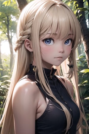 (((deep in the woods))),(looking at the audience),
(((Photos that focus on faces))), (((focus on the face))),
人：1 korean young girl,
髮：(bangs),very long hair,(((light blonde hair))),(((hair weaving:1.4))),
服：((low-cut)),(sleeveless spaghetti straps),