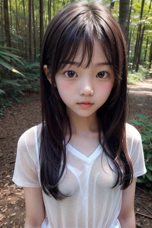 (((deep in the woods))),(looking at the audience),(close to the camera, close to the audience),face close-up,(focus on chest),
人物：(((a korean little girl:1.3))),(Korean actress Lim Yoona),(((little girl of elementary school age))),(childish body:1.3),childish breasts,
優化：(((16K texture structure))),
頭髮：(bangs),long hair,
服飾：(cotton translucent underwear), (cotton translucent underwear),