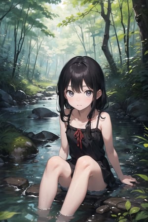 (((By the creek deep in the woods))),(looking at the audience),(((Only the face enters the camera))),
人：a korean little daughter,(((Pure and restrained little daughter))),
服：(sleeveless spaghetti straps),