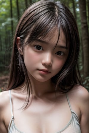 (((deep in the woods))),(looking at the audience), (((Only the face enters the camera))), (Focus on the face),
人：(((1 little girl))),(((real little girl photo))),(little girl's body), (little girl's breasts),
優：(((16K texture structure))), the light and shadow structure that makes the texture more realistic and natural, (film style structure),
髮：Long hair, bangs,
服：(((Spaghetti strap sleeveless sheer shirt))),Detail,Update