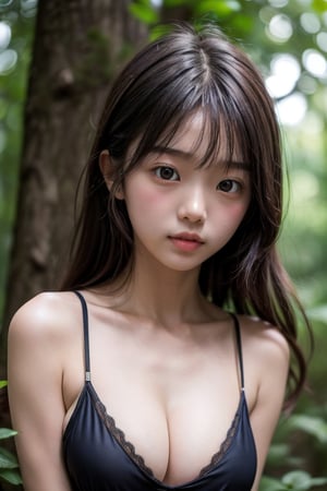 (((deep in the woods))),(looking at the audience),(close to the camera, close to the audience),face close-up,
人物：(((a korean little girl:1.3))),(Korean actress Lim Yoona),(((little girl of elementary school age))),(childish body:1.3),((childish breasts:1.3)),
優化：(((16K texture structure))),
頭髮：(bangs),braid,
服飾：(((Spaghetti strap sleeveless sheer shirt))),(((completely sheer spaghetti strap shirt))),