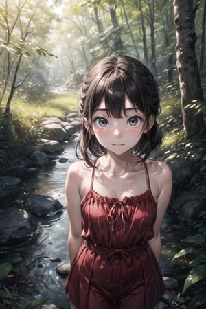 (((By the creek deep in the woods))),(looking at the audience),(((Only the face enters the camera))),
人：a korean little daughter,(((Pure and restrained little daughter))),
服：(sleeveless spaghetti straps),