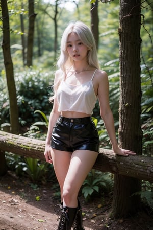 (((deep in the woods))),(looking at the audience),
人：(((a korean little girl:1.3))),(((little girl of elementary school age))),((low-cut)),(beautiful white-haired girl),((A white-haired beauty with beautiful body proportions)),
優：Make the texture more realistic and realistic natural light and shadow structure,The realistic structure of film photos,Incomparable peerless beauty,(((16K texture structure))),(((Professional photography))),(beautiful body figure),
髮：(bangs),((long hair)),curls,
服：(((Spaghetti strap sleeveless sheer shirt made of tulle))),(((leather shorts))),((boots)),