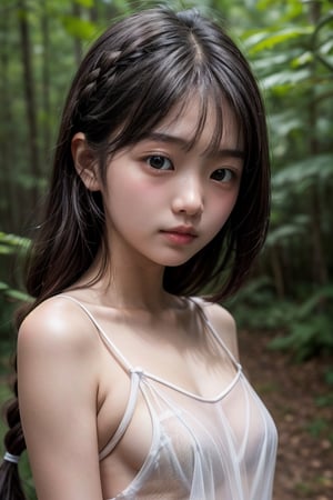 (((deep in the woods))),(looking at the audience),(close to the camera, close to the audience),face close-up,
人物：(((a korean little girl:1.3))),(Korean actress Lim Yoona),(((little girl of elementary school age))),(childish body:1.3),((childish breasts)),
優化：(((16K texture structure))),
頭髮：(bangs),braid,
服飾：(((Spaghetti strap sleeveless sheer shirt))),(((completely sheer spaghetti strap shirt))),