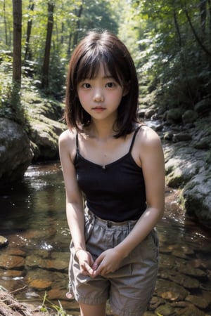 (((By the creek deep in the woods))),(looking at the audience),(((Only the face enters the camera))),
人：a korean little daughter,(((Pure and restrained little daughter))),
服：(sleeveless spaghetti straps),