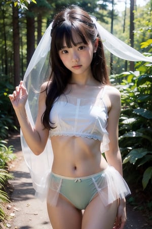 (((deep in the woods))),(looking at the audience), 
人：(((((1 little girl))))),(((little girl's body))),
優：High resolution, realistic and delicate high texture,Warm and delicate skin texture,
體：(Small, tender and beautiful top small breasts),
髮：Long hair, bangs,
服：(((Spaghetti-strap tulle sleeveless transparent shirt))),((((Tulle close-fitting translucent panties))),