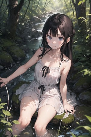 (((By the creek deep in the woods))),(looking at the audience),(((Only the face enters the camera))),
人：a korean little daughter,(((Pure and restrained little daughter))),
服：(sleeveless spaghetti straps),