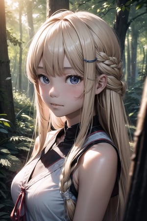 (((deep in the woods))),(looking at the audience),
(((Photos that focus on faces))), (((focus on the face))),
人：1 korean young girl,
髮：(bangs),very long hair,(((light blonde hair))),(((hair weaving:1.4))),
服：((low-cut)),(sleeveless spaghetti straps),