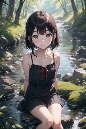 (((By the creek deep in the woods))),(looking at the audience),(((Only the face enters the camera))),
人：a korean little daughter,(((Pure and restrained little daughter))),
服：(sleeveless spaghetti straps),