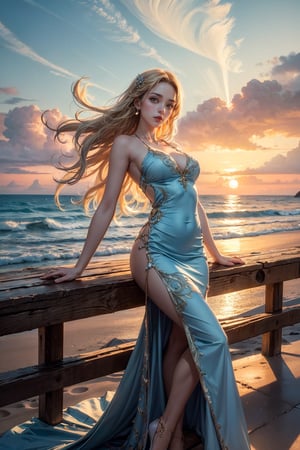 Masterpiece, 16k, intricate details, highest resolution, long shot, perfect lighting, unreal engine, colorful, elaborate and detailed scene, the most beautiful girl, long wavy blonde hair, wide shot, baby blue and white, beach long bench, champagne, beautiful beach dress, beautiful sunset, dynamic pose