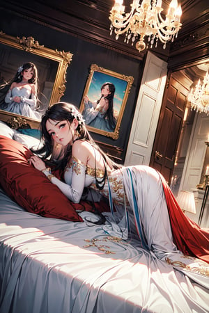 (masterpiece, top quality, best quality, official art, beautiful and aesthetic:1.2), (1girl), extreme detailed,colorful,highest detailed,16k, the most beautiful girl laying on her beautiful bed, extra long hair, detailed and beautiful Princess room, elegant pose, dynamic angle, soft lighting
