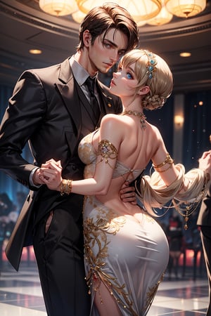 Masterpiece, eyes look away from the viewer, 16k, intricate details, highest resolution, long shot, perfect lighting, unreal engine, colorful, elaborate and detailed scene, the most beautiful couple, handsome tall guy, beautiful girl, the great Gatsby style, dance floor, Perfect hands