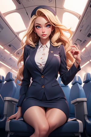 Masterpiece, 16k, intricate details, highest resolution, long shot, perfect lighting, unreal engine, colorful, elaborate and detailed scene, the most beautiful girl, long wavy blonde hair, wide shot, flight attendant, beautiful flight attendant uniform, airplane, perfect pose 